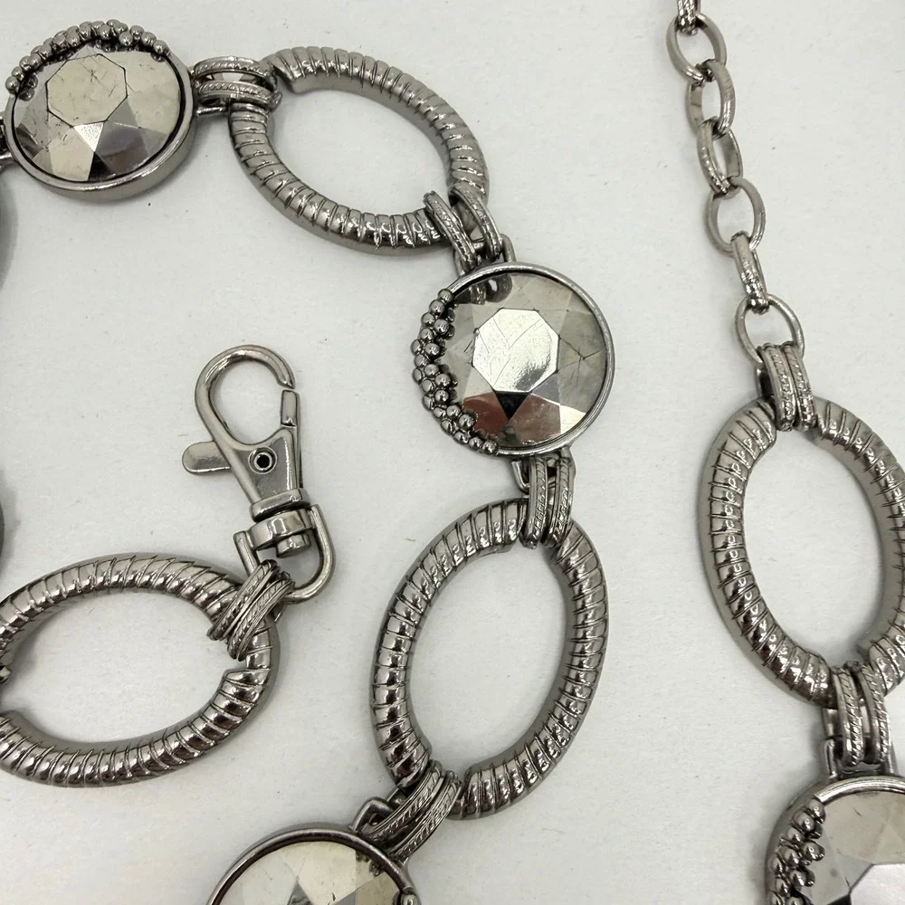 Gunmetal Chain Link Belt with‎ Large Faceted Grey Crystals and Textured Ovals
